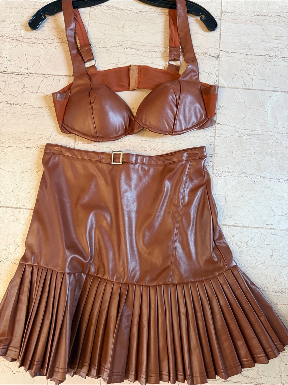 PU Leather Brown Bralette & Mini Pleated Skirt
